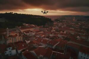 zangão vôo sobre a cidade. neural rede ai gerado foto