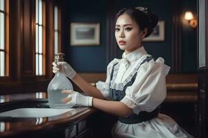 retrato do menina com japonês empregada traje dentro vintage restaurante. neural rede ai gerado foto