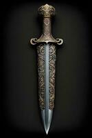 medieval espada e bainha. fantasia dourado espada com grandes lâmina. neural rede gerado arte foto
