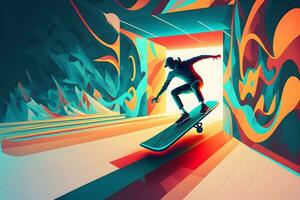 abstrato extremo Esportes amante executa salto para dentro infinidade com fictício skate ou snowboard. neural rede gerado arte foto