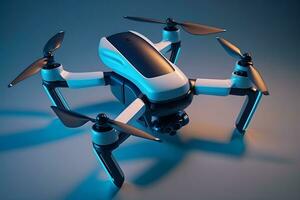 realista quadrocopter zangão com hélice fãs em brilhando azul fundo. neural rede gerado arte foto