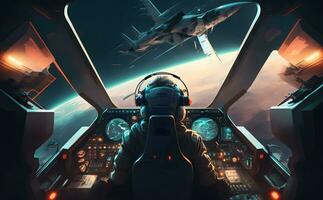 avião cockpit Visão durante intergaláxia viagem voar ou nave espacial batalha. neural rede gerado arte foto