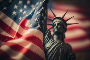 estátua do liberdade em a fundo do a americano bandeira. democracia e liberdade conceito. neural rede ai gerado arte foto