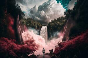 deslumbrante cascata dentro alternar surreal colori panorama. neural rede ai gerado arte foto