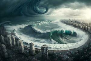 tsunami onda apocalíptico água Visão urbano inundar tempestade. neural rede ai gerado foto