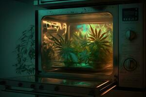 crescendo maconha cannabis folhas dentro aberto cozinha forno. neural rede ai gerado foto
