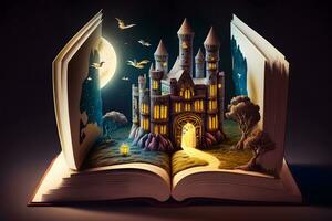 fantasia castelo dentro uma fada conto livro. neural rede ai gerado arte foto