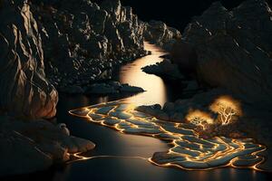 fantasia montanha dourado rio ou vulcânico magma dentro a montanhas. neural rede ai gerado foto