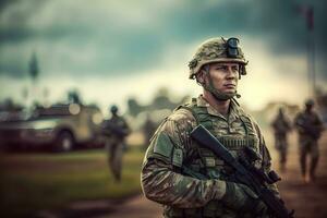 orgulhoso exército soldado retrato. neural rede ai gerado foto