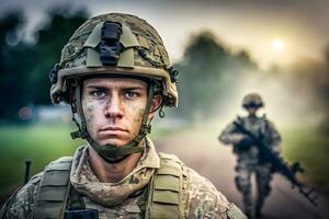 orgulhoso exército soldado retrato. neural rede ai gerado foto