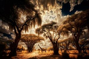 nascer do sol sobre a savana e Relva Campos dentro sul África com nublado céu. neural rede ai gerado foto
