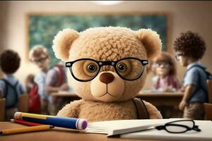 Urso de pelúcia Urso Como uma aluna às escola. costas para escola. neural rede ai gerado foto