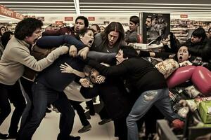 multidão do pessoas em Preto Sexta-feira brigando para promocional bens. neural rede ai gerado foto