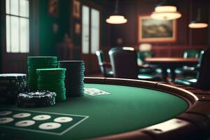 colorida pôquer salgadinhos em uma verde mesa. neural rede ai gerado foto