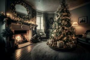 lindo acolhedor Natal interior com uma lareira. neural rede ai gerado foto