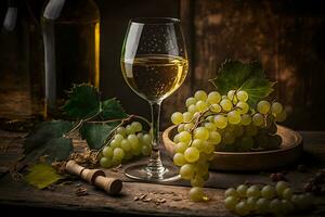 vidro do seco branco vinho maduro uvas e vidro em mesa dentro Vinhedo. neural rede ai gerado foto