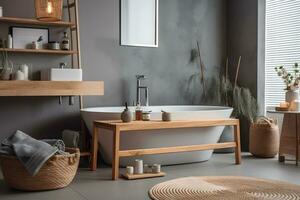 moderno interior Projeto - banheiro dentro cinzento e de madeira acabamento. neural rede ai gerado foto