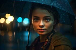 retrato do uma menina com a guarda-chuva dentro a chuva. neural rede ai gerado foto