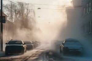 ar poluição a partir de a escape do carros dentro a cidade durante a frio dia, de Meio Ambiente poluição dentro a cidade. neural rede ai gerado foto