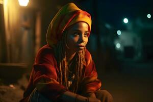 retrato do uma jovem rastaman mulher. neural rede ai gerado foto