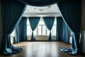 Casamento corredor com luxuoso azul cortinas. neural rede ai gerado foto