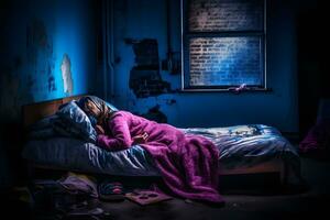 dormindo beleza, luzes e mulher com dormir e criativo néon iluminação. neural rede ai gerado foto