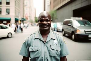 feliz e sorridente africano americano polícia Policial. neural rede ai gerado foto