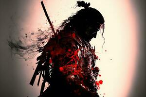 uma pensativo samurai dentro armaduras carrinhos dentro perfil contra a abstrato vermelho e branco fundo. neural rede gerado arte foto