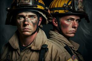 retrato do bombeiros sujo rostos dentro especial capacetes e bombeiros uniformes. neural rede gerado arte foto