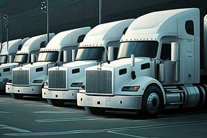 semi reboque caminhões em estacionamento muito. Entrega caminhões para carga envio. caminhão indústria frete caminhão logística transporte. neural rede gerado arte foto