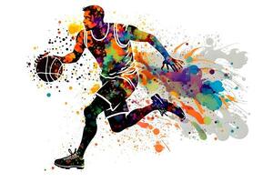 basquetebol aguarela respingo jogador dentro açao com uma bola isolado em branco fundo. neural rede gerado arte foto