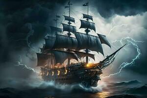 Navegando velho navio dentro tempestade mar em a fundo nuvens com raio. neural rede ai gerado foto