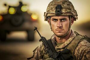 orgulhoso exército soldado retrato. neural rede ai gerado foto