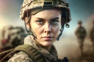 bonita fêmea soldado retrato. neural rede ai gerado foto