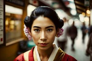 retrato do uma japonês mulher dentro nacional roupas. neural rede ai gerado foto