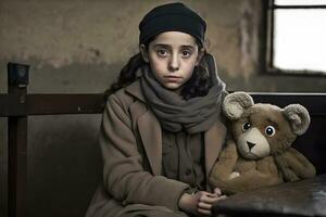 pequeno menina com uma Urso de pelúcia Urso durante a guerra. evacuação crianças. neural rede ai gerado foto