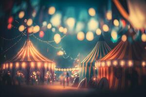 noite Visão do uma circo tendas e muitos luz lâmpadas com borrado fundo. neural rede ai gerado foto