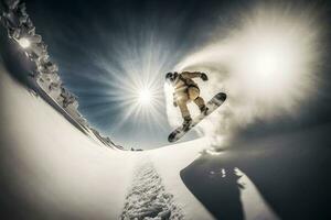 jovem homem snowboarder corrida baixa a declive dentro alpino montanhas. inverno esporte e lazer. neural rede ai gerado foto