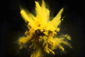 explosão do amarelo cor pintura pó em Preto fundo. neural rede gerado arte foto