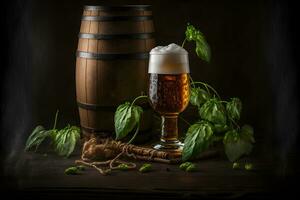 lindo Cerveja com espuma dentro clássico Cerveja vidro dentro Sombrio cena. neural rede gerado arte foto