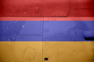Armênia bandeira retratado em lado parte do militares blindado helicóptero fechar-se. exército forças aeronave conceptual fundo foto