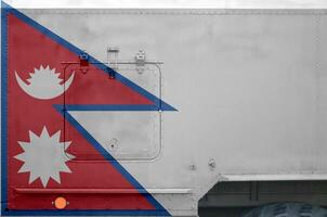 Nepal bandeira retratado em lado parte do militares blindado caminhão fechar-se. exército forças conceptual fundo foto