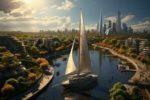 cidade nível marco, simbolizando a poder do uma barco a vela, enorme e imponente, dinâmico, carro cidade, moderno panorama Projeto. ai generativo foto