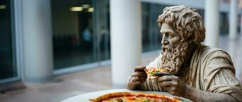 mármore antigo homem grego estátua come pizza dentro a moderno cidade foto