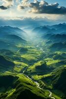 a branco nuvens do efeito com verde montanhas dentro a distância. ai generativo foto