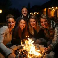 fogueira com amigos em uma frio noite. foto