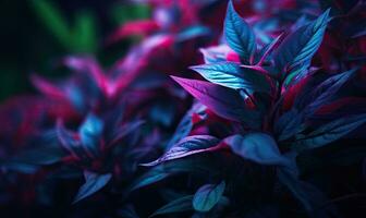 tropical folhas dentro néon Rosa luz papel de parede. exótico folhagem fundo. natural texturizado. para cartão postal, livro ilustração. criada com generativo ai Ferramentas foto