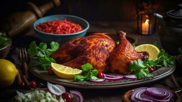 árabe picante Comida conceito - caseiro tandoori frango servido com saladas, generativo ai foto