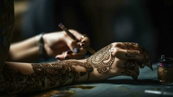 mehndi mestre desenhando hena tatuagem em fêmea mão dentro salão, generativo ai foto