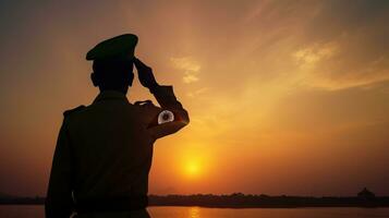 silhueta do soldado saudando em uma fundo do pôr do sol ou a nascer do sol. cumprimento cartão para independência dia, república dia. Índia celebração, generativo ai foto